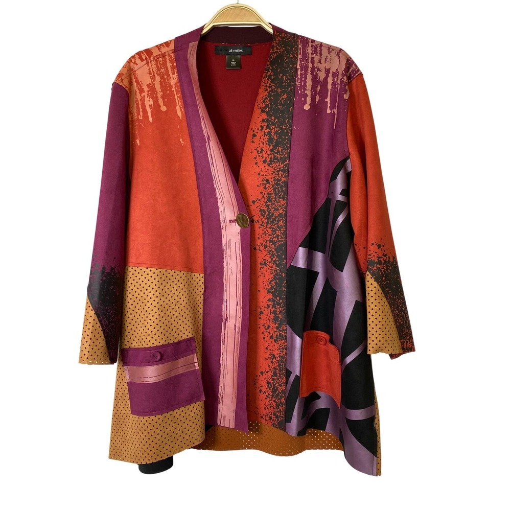Ali Miles Abstract Colorblock Jacket Women XL Multicolor Art to Wear 3/4 Sleeve